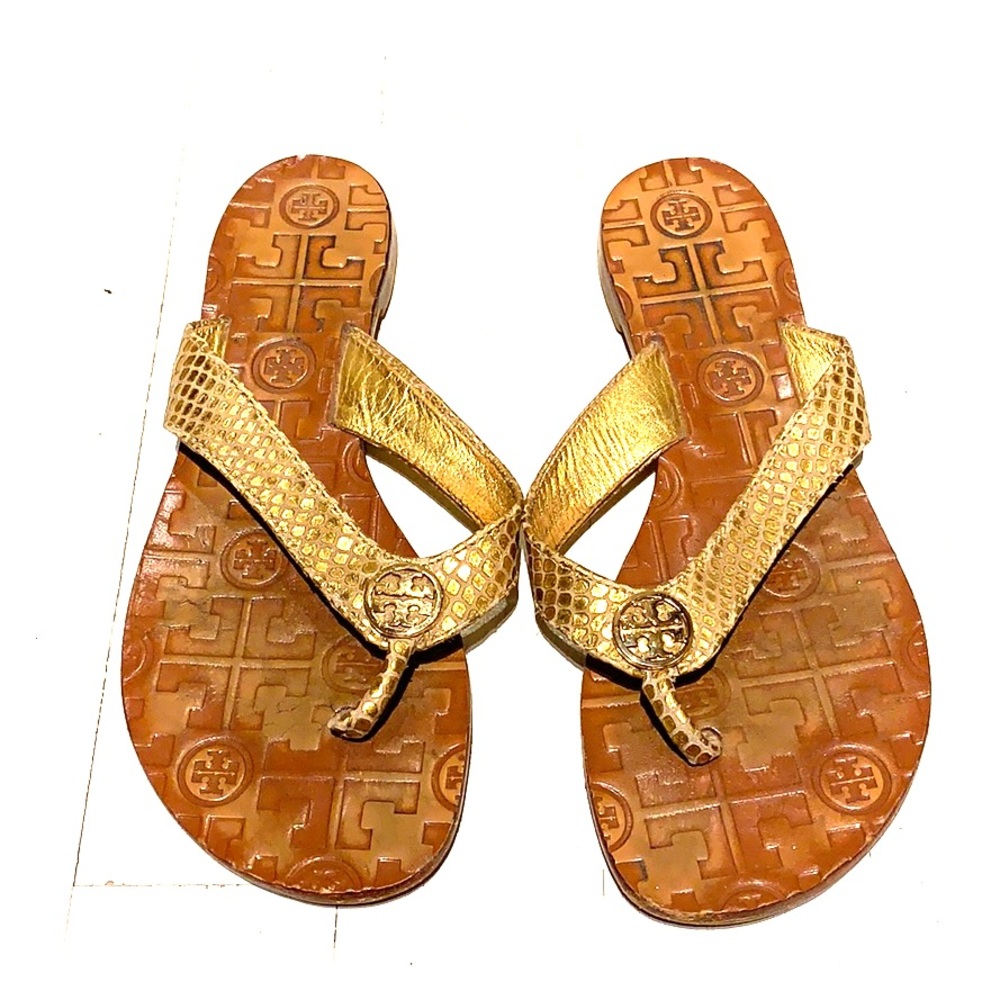Tory Burch gold snake skin thong sandal size 6